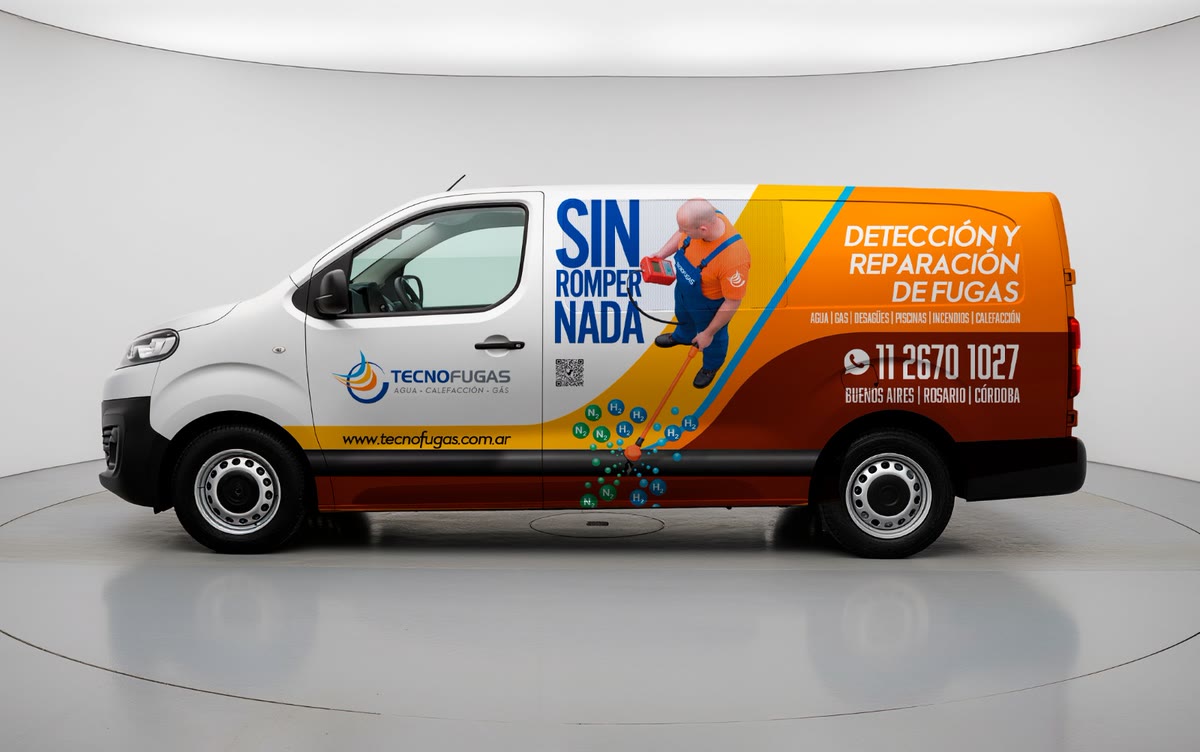 Camioneta de Tecnofugas ploteada con la marca: detección y reparación de fugas sin romper nada